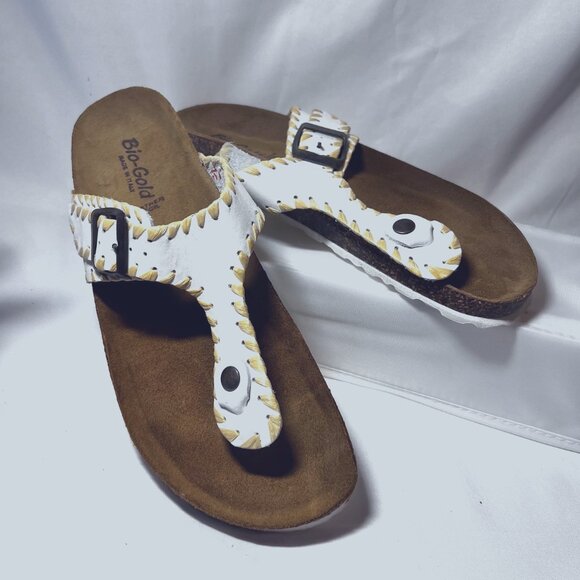 Bio Gold Made in Italy-Women's Leather Sock Slip on Toe Sandals-Cork Sole-Size 9 - Picture 1 of 15